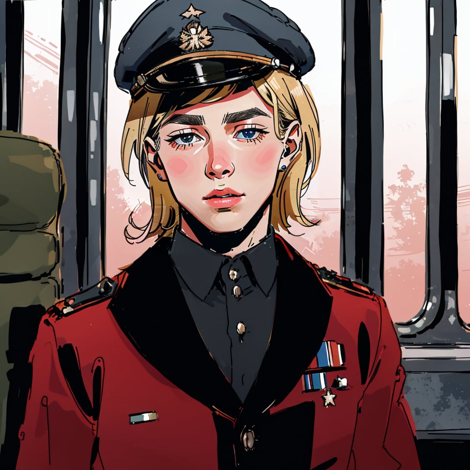 A close-up shot of a young, handsome boy wearing a WW2 soldier's cap and 1940s-style uniform, with full lips and a serious expression as he gazes out the train window from within a realistic, detailed train interior. The framing is tight, focusing on his determined face. Soft, natural lighting pours in through the window, casting a warm glow. The composition is simple yet effective, emphasizing the soldier's introspective mood as he surveys the 1940s landscape outside.