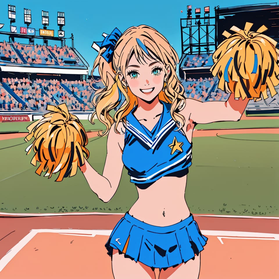 Maximalism, masterpiece, top quality, 8k, high resolution, super detailed, absurd, vivid contrast, insanely detailed,
BREAK
1girl, (Beautiful face, brightly colored shining eyes, clear skin, smile, shiny hair: 1.2),
BREAK
(cheerleader:1.4),
BREAK
baseball stadium,girl,watercolor