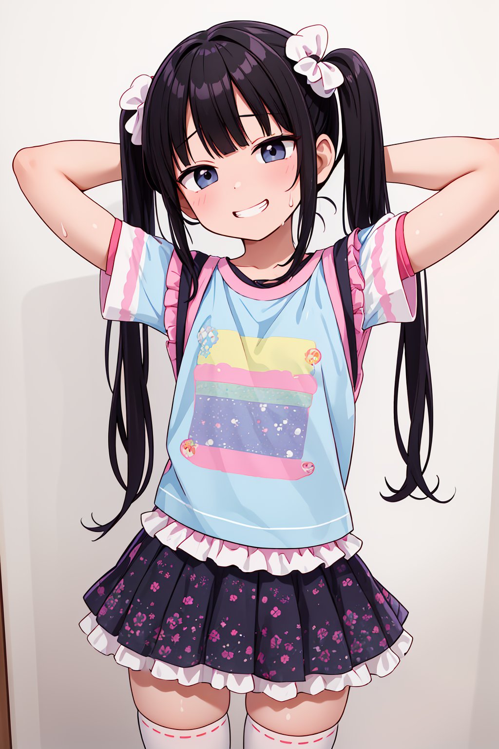 masterpiece,top quality,

JYOJIFUKU、 print SHIRT, Frills SKIRT、PASTEL COLOR CLOTHETWINTAIL
THIGHHIGHS,
,black hair,,, sweat,shy,grin,loli,child,
hands behind head,Armpit