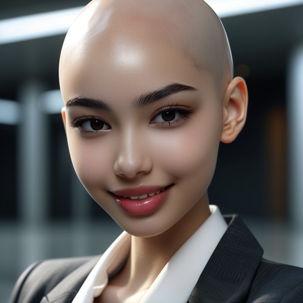 1girl,almost bald,  wearing a suit, smiling, thick lips , 4k resolution ,BGM