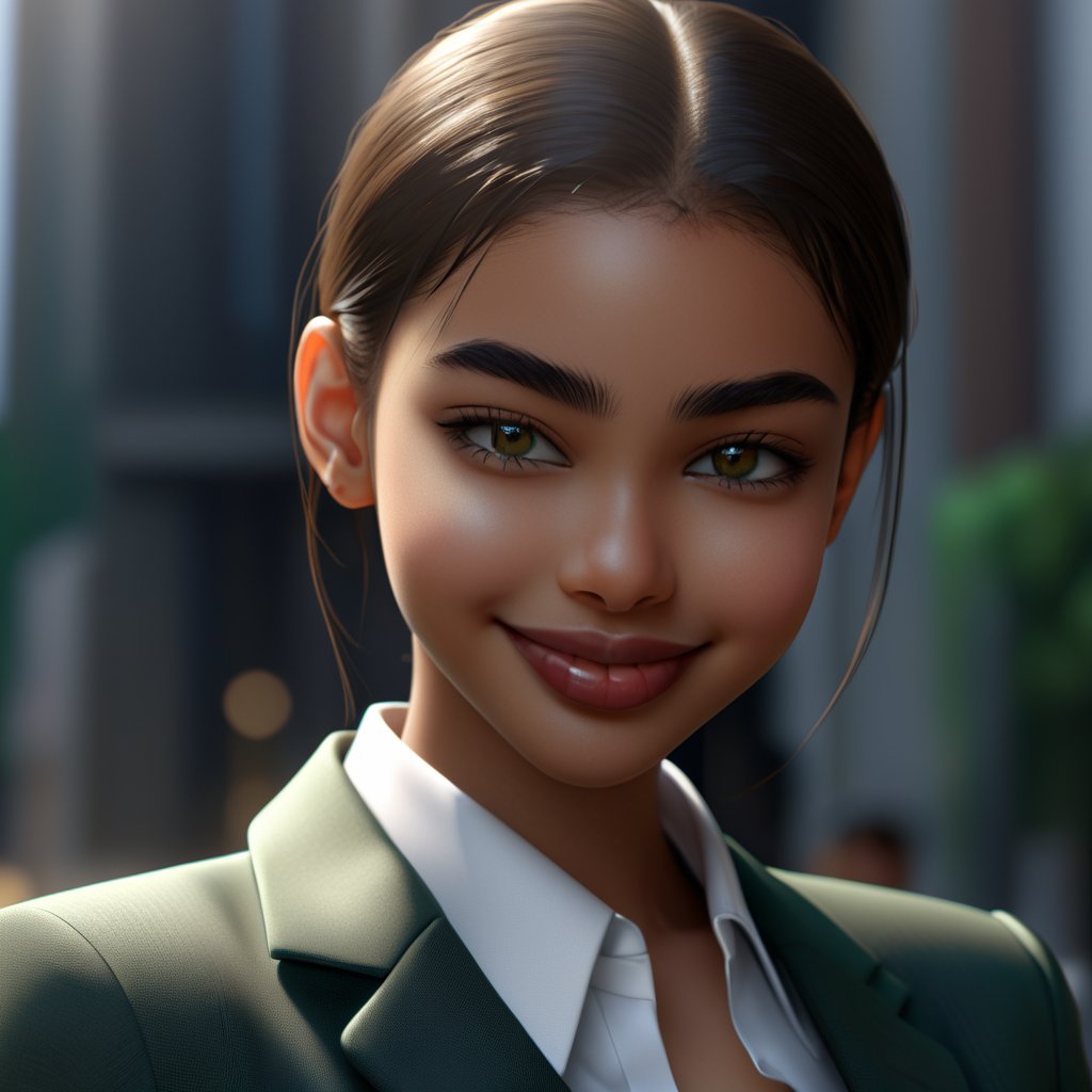 1girl, brown skinned girl, very low hair, green eyes, wearing a suit, smiling, thick lips , 4k resolution ,BGM