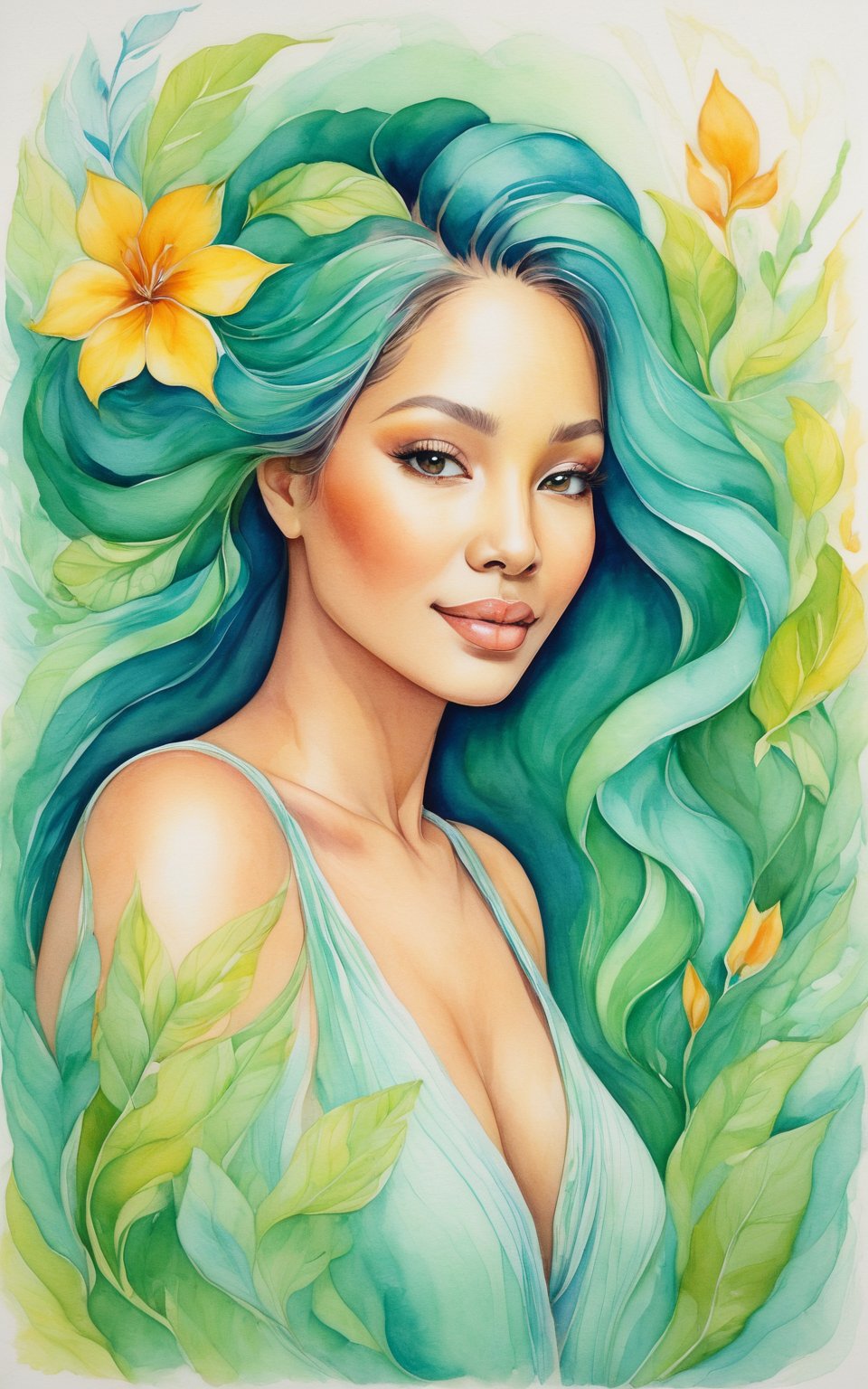 (best quality,8K,highres,masterpiece), ultra-detailed, A serene portrait of a woman radiates soft brilliance as she sits amidst lush greenery, her gentle and gracious eyes shining with kindness. Her light and elegant movements are frozen in time, while her demure manners exude refinement. A gentle smile plays on her lips, inviting intimacy. The flowing lines of her hair resemble water's subtle curves, capturing the delicate emotions and gentle temperament of women.