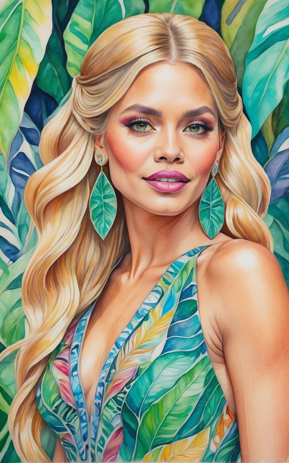 (best quality, 4k, 8k, highres, masterpiece:1.2), ultra-detailed, candid portrait of a beautiful woman, long blonde hair, in a jungle paradise, stunning irridescent dress, intricate earrings