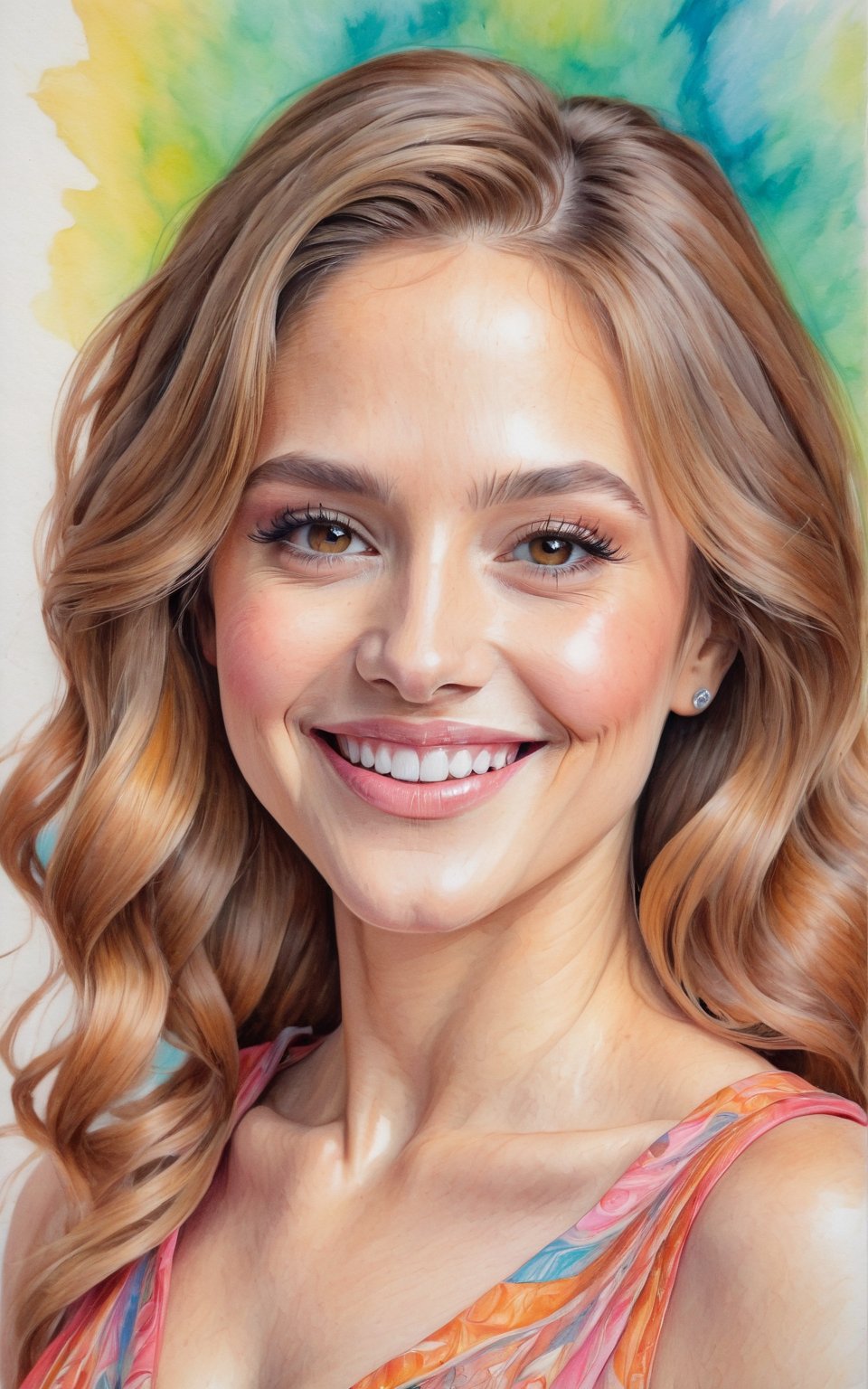 (best quality,4k,8k,highres,masterpiece:1.2),ultra-detailed,(realistic,photorealistic,photo-realistic:1.37), woman, beautiful smile,smiling face,detailed eyes,detailed lips,delicate nose,soft skin,brown wavy hair,elegant posture,feminine charm,graceful dress,fine details,gorgeous background,vibrant colors,subtle lighting,portraits