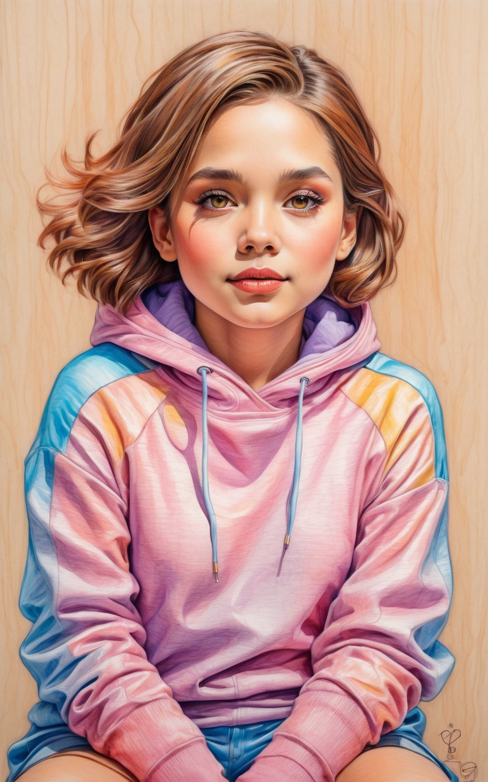 (best quality,8K,highres,masterpiece), ultra-detailed, A masterpiece of an illustration! A stunning European girl, aged 7, sits in a figure skating theme, exuding sullen charm with her big, cute eyes and subtle facial expression. Framed by a warm, HDR-inspired bokeh, the scene radiates high contrast and vibrant color. Her short, wavy brown hair cascades down to her thigh, as she wears a hoodie, shorts, and a crisp white turtleneck. The ultra-realistic rendering captures every intricate detail, from the soft folds of fabric to the delicate texture of her skin. A perfect composition, this UHD drawing is reminiscent of photorealistic concept art, with its soft natural light and cinematic quality.