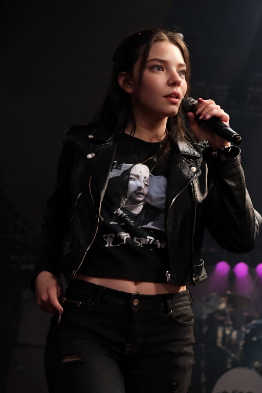 hyperrealistic photo of Anya with a rock and roll look, wearing a black leather jacket with zipper details, a black band t-shirt, ripped jeans and black boots. She is on a dark stage, with colorful stage lights and smoke, with a microphone in her hands, ready to sing. The image should have a cinematic style, with focus on the actress, her rock look and the energy of the stage. 