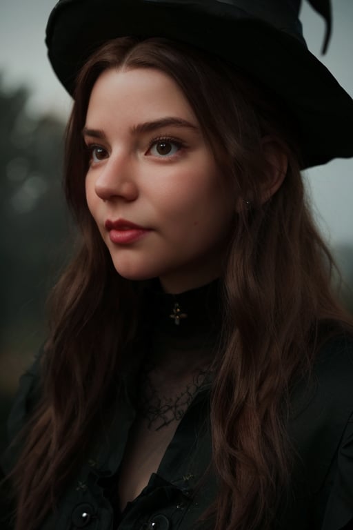 Realistic full body photo of Anya, realistic and detailed face, realistic and detailed eyes, realistics hair, dressed like a witch, cinematic style
