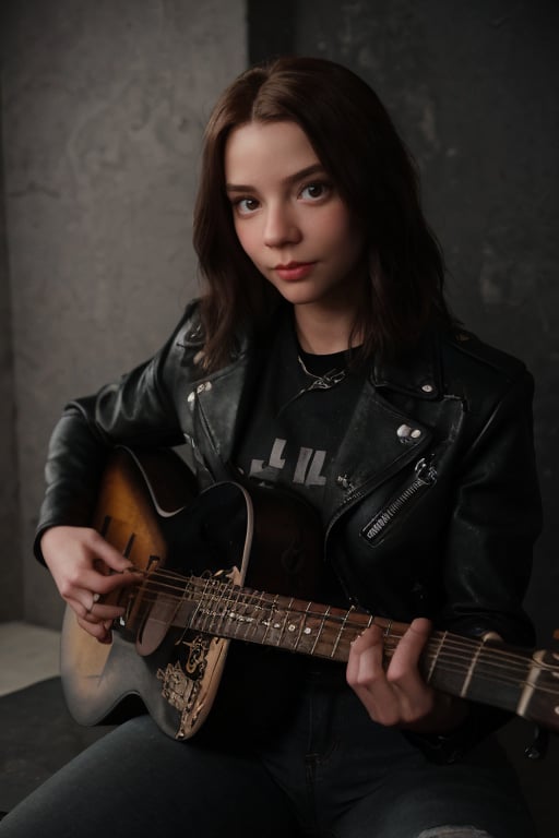 Realistic full body photo of Anya, realistic and detailed face, realistic and detailed eyes, dressed in rock style, wearing a black leather jacket and ripped jeans, with a guitar in the background, cinematic style
