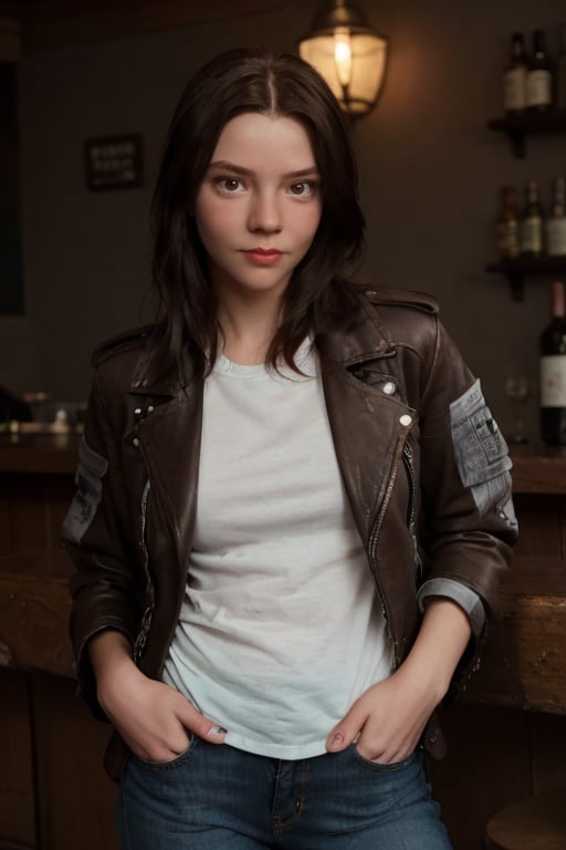 hyperrealistic photo of Anya on a casual day, wearing dark wash skinny jeans, a white cotton t-shirt with a subtle detail, and a brown leather jacket. She is in a charming bar. The image should have a cinematic style, with focus on the actress and her casual and elegant look. 