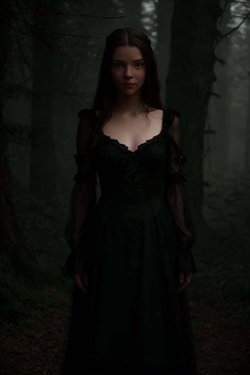 hyperrealistic photo of Anya in a mystical and enigmatic setting, with dim light and an atmosphere charged with mystery. She is wearing a long, flowing black dress with lace and velvet details. Her hair is loose and falling over her shoulders, and her green eyes shine intensely in the dim light. The image should have a cinematic style, with focus on the actress, her mysterious look, and the mystical and enigmatic atmosphere of the setting. 