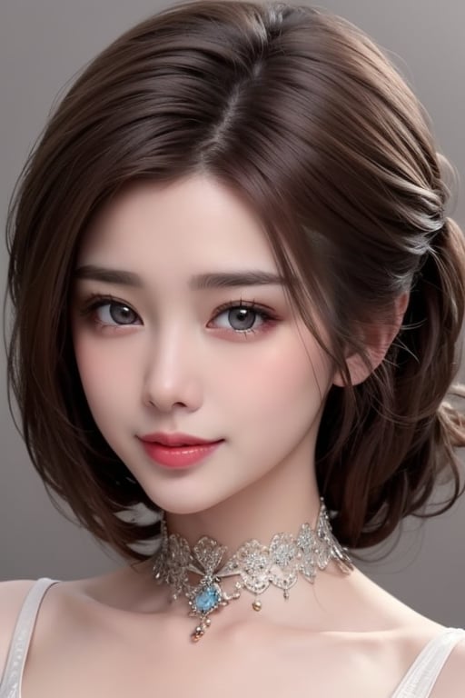 1girl
solo
brown hair
closed mouth
grey background
collar
lips
realistic ,beauty,yui,masterpiece,best quality,lily,mei,CC