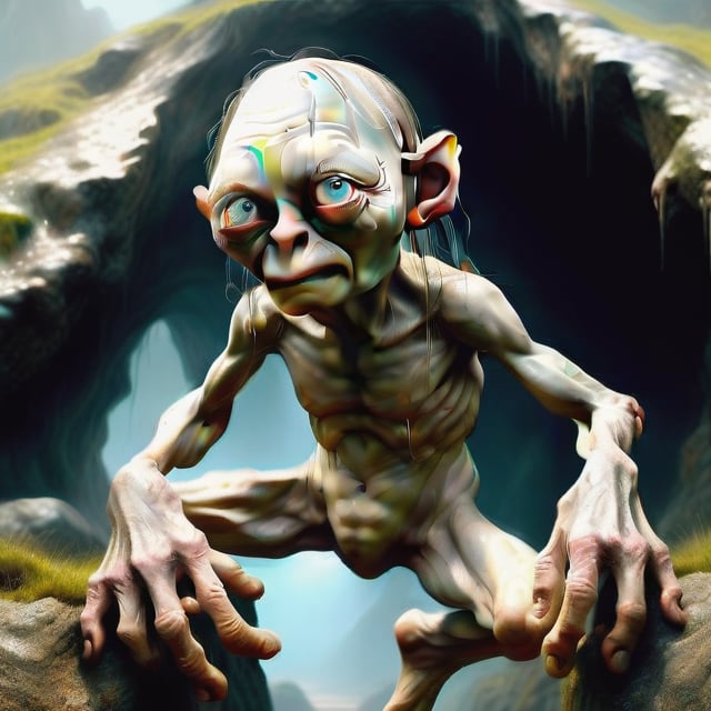 an action pov shot of A feral humanoid gollum, directly above you after jumping down from a ledge, his lower body taking up your field of vision, his inner thigh brushing against your face, a feral look in his eye as if he's going to eat you.  feral creature. furry body. monster. traditional oil painting. hairy. smelly. hyper realistic cinematic still. dramatic lighting,gollum