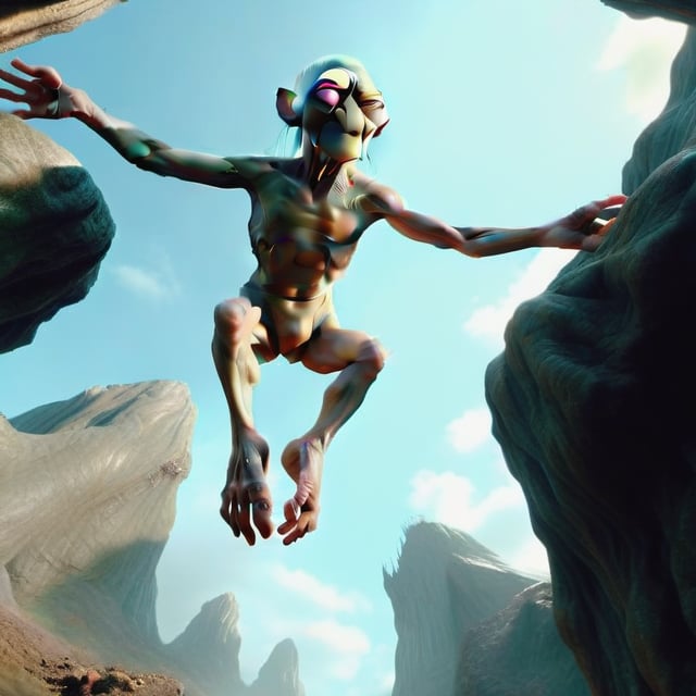 pov looking up at humanoid gollum jumping down at you in a surprise attack