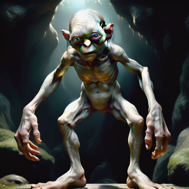 an action pov shot of A feral humanoid gollum, directly above you after jumping down from a ledge, his lower body taking up your field of vision, his inner thigh brushing against your face, a feral look in his eye as if he's going to eat you.  feral creature. furry body. monster. traditional oil painting. hairy. smelly. hyper realistic cinematic still. dramatic lighting,gollum