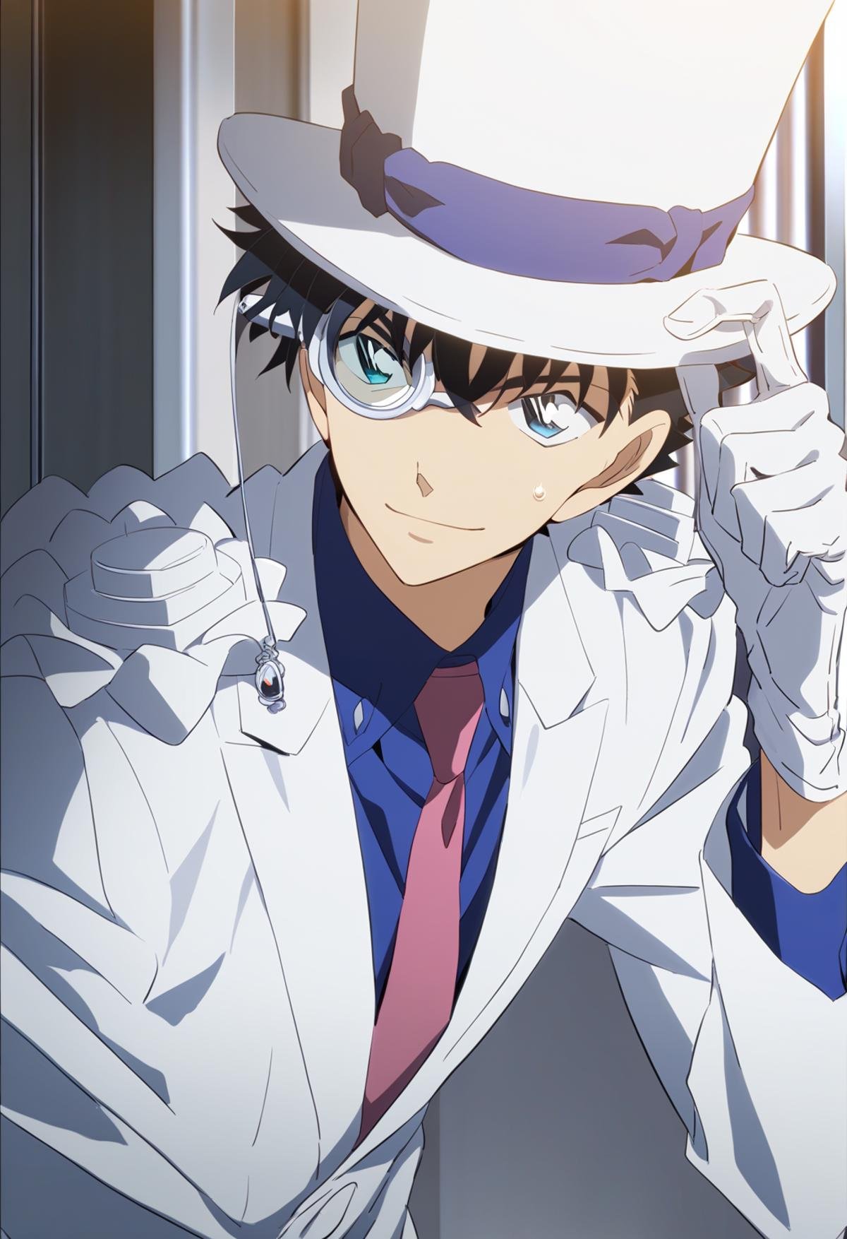 score_9, score_8_up, score_7_up, score_6_up, 1boy, kaito kid, brown hair, blue eyes, bishounen, monocle, white top hat, blue shirt, red necktie, white cape, pauldrons, white pants, white shoes, official art, best quality, amazing quality, best aesthetic, absurdres, solo<lora:EMS-345883-EMS:1.000000>