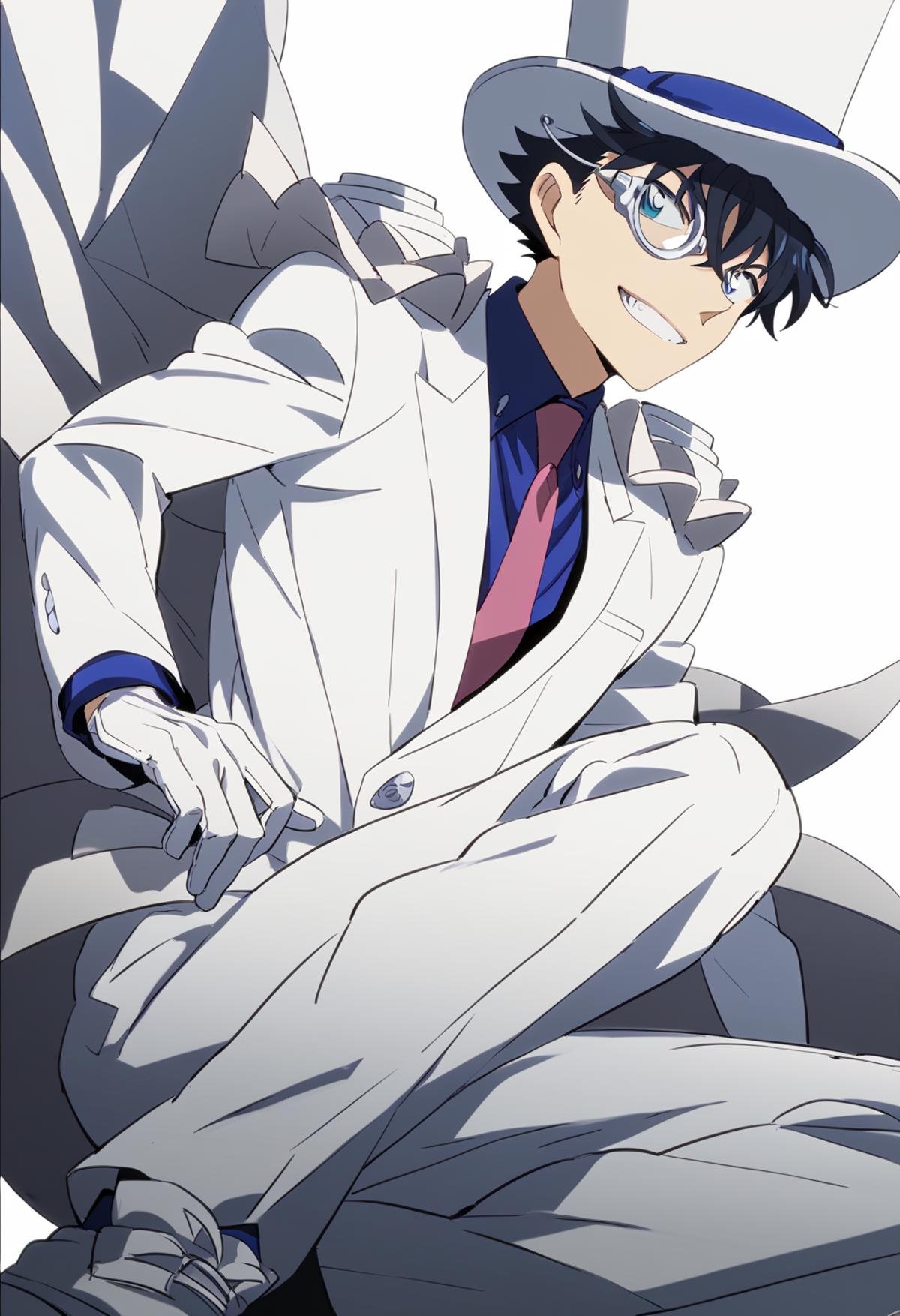 score_9, score_8_up, score_7_up, score_6_up, 1boy, kaito kid, brown hair, blue eyes, bishounen, monocle, white top hat, blue shirt, red necktie, white cape, pauldrons, white pants, white shoes, official art, best quality, amazing quality, best aesthetic, absurdres, solo<lora:EMS-345883-EMS:1.000000>, <lora:EMS-338448-EMS:0.800000>