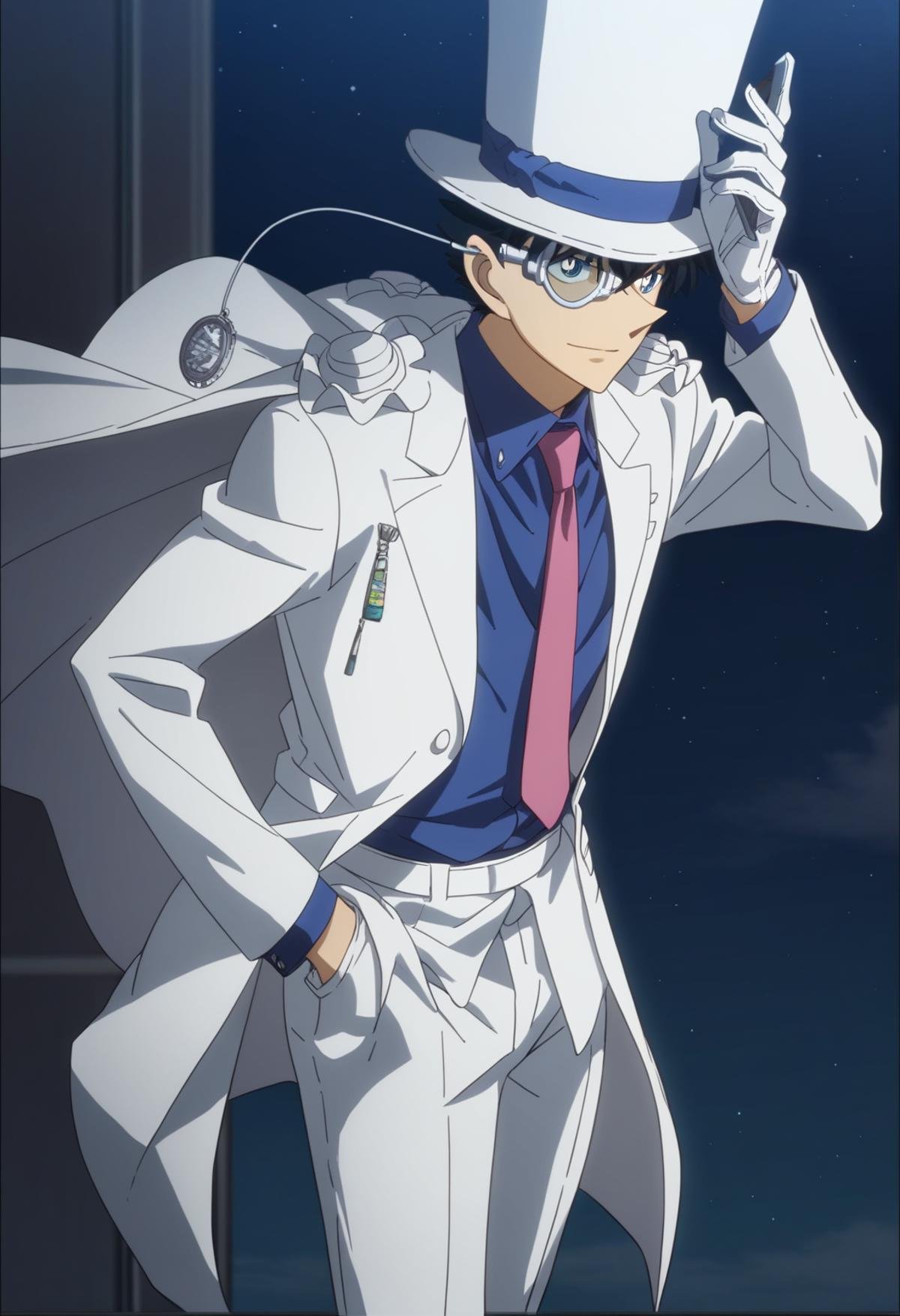 score_9, score_8_up, score_7_up, score_6_up, 1boy, kaito kid, brown hair, blue eyes, bishounen, monocle, white top hat, blue shirt, red necktie, white cape, pauldrons, white pants, white shoes, official art, best quality, amazing quality, best aesthetic, absurdres, solo,Butcha<lora:EMS-345883-EMS:1.000000>