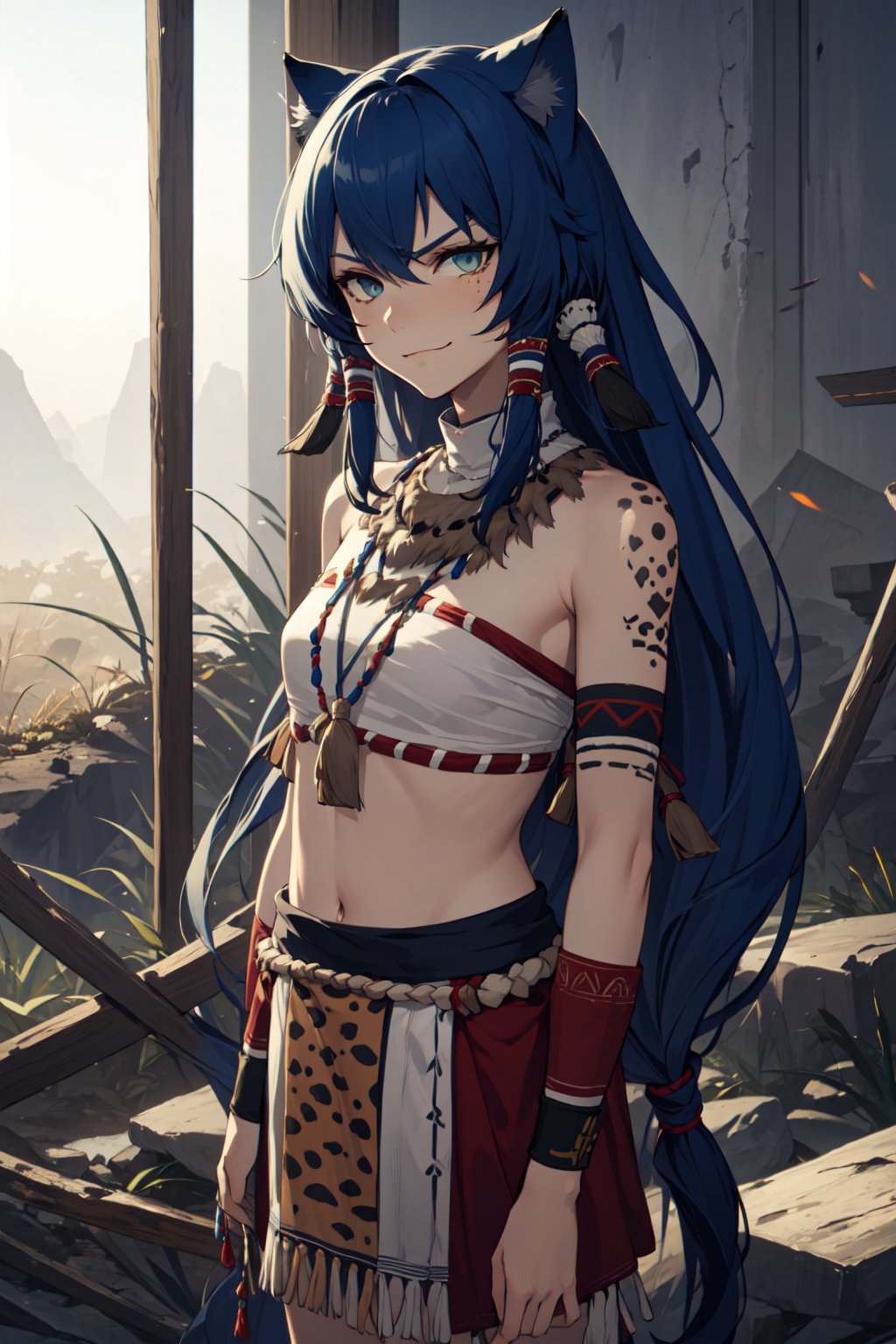 Alika, sole female, (smirk), tribal clothes, sarashi, blue eyes, panther ears, blue hair, long hair, tribe, tribal, upper body, ruins