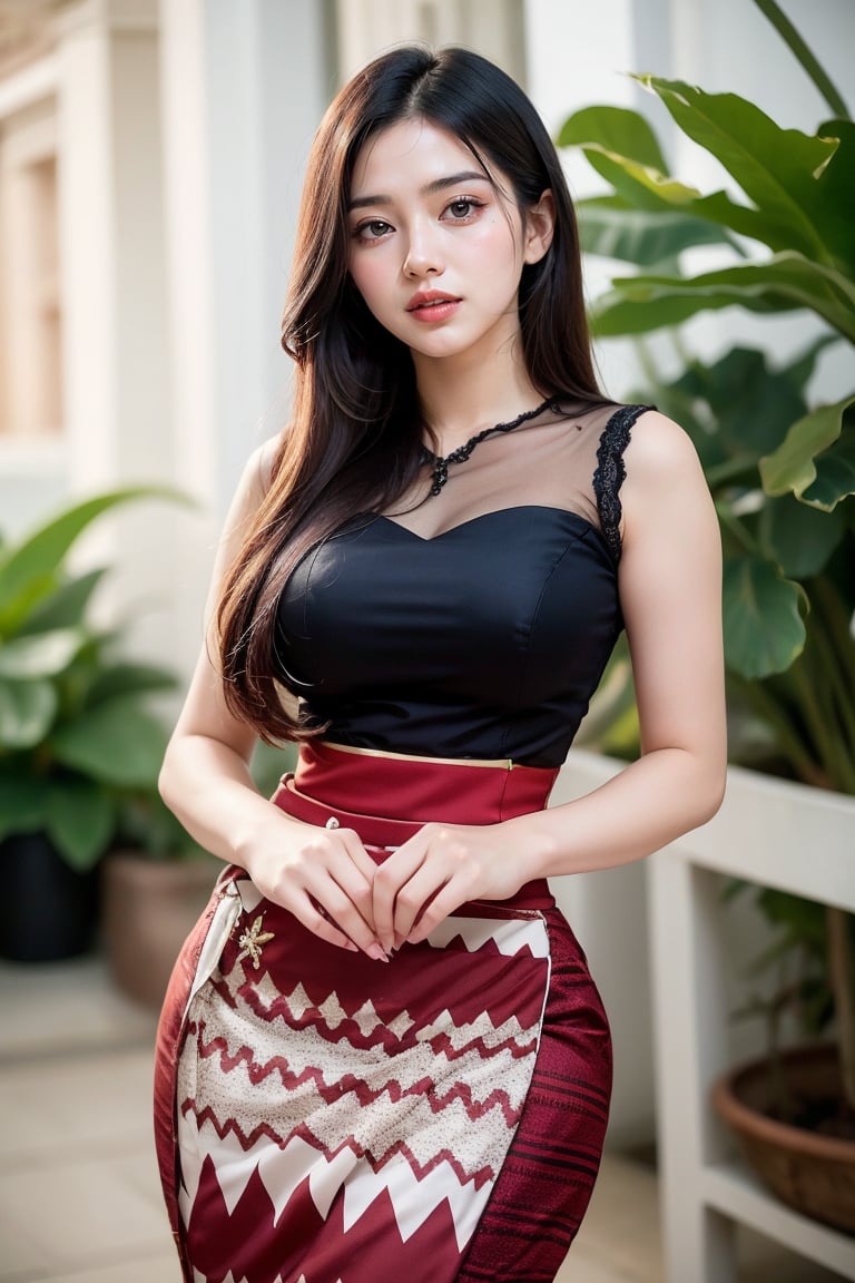 1gilr, solo, 20 yearl old girl, pretty face, professionally taken whole body portrait, cinematic lighting, pretty girl wearing mm_dress, white and maroon outfit, tall girl, detail cloth, long wavy hair, black hair, pattern long skirt, ,photorealistic,mm_dress, Young beauty spirit ,Best face ever in the world. (smile:1.1)