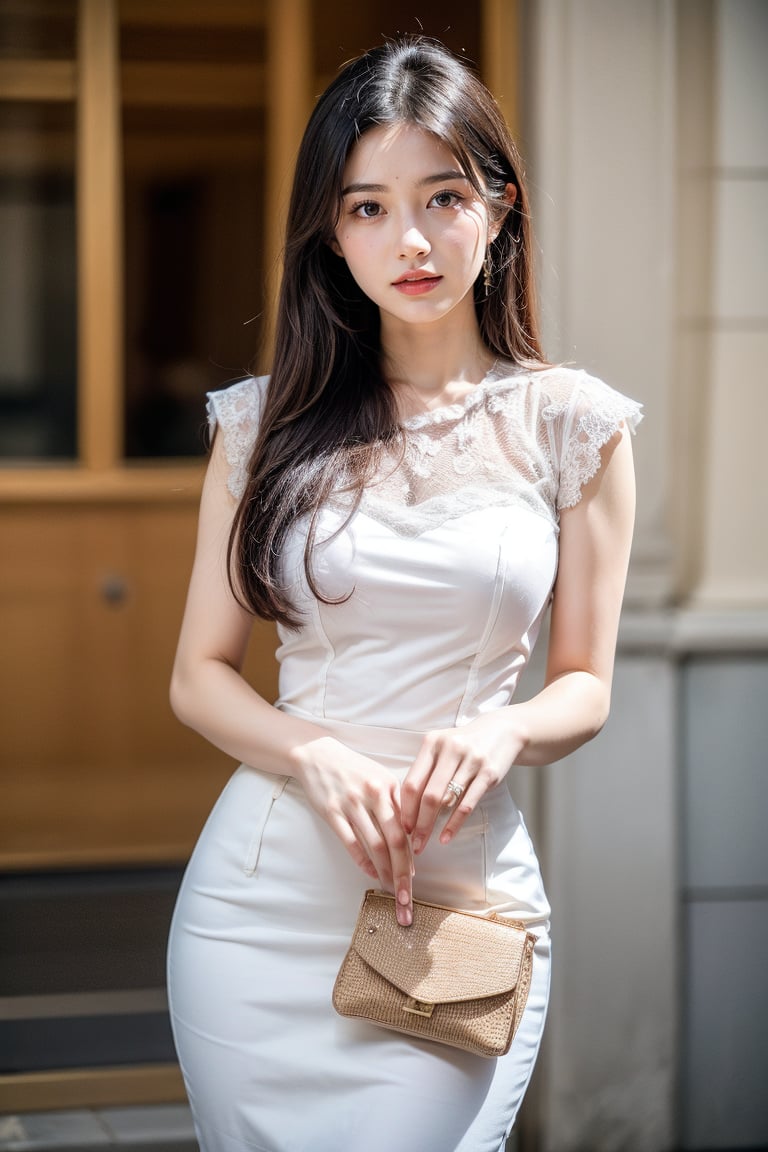 1gilr, solo, professionally taken whole body portrait, cinematic lighting, pretty girl wearing mm_dress, white outfit, tall girl, detail cloth, holding a bag, long straight hair, black hair
