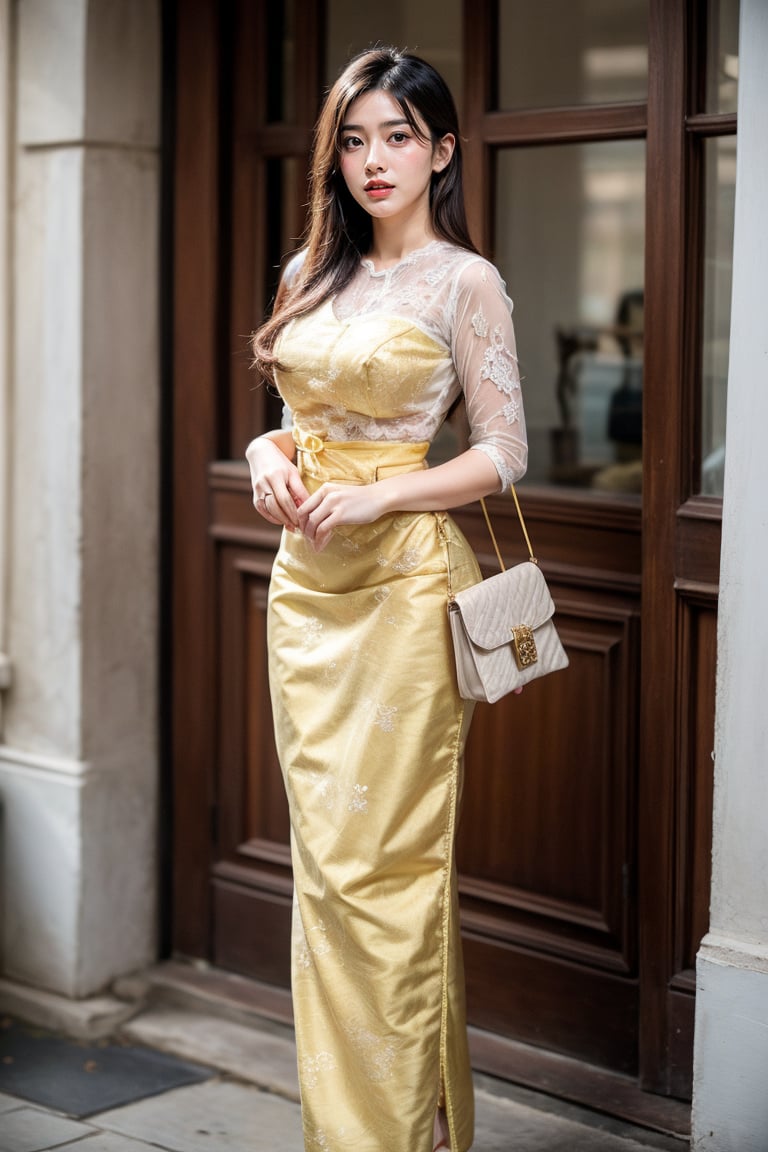 1gilr, solo, professionally taken whole body portrait, cinematic lighting, pretty girl wearing mm_dress, white and yellow outfit, tall girl, detail cloth, holding a bag, long straight hair, black hair