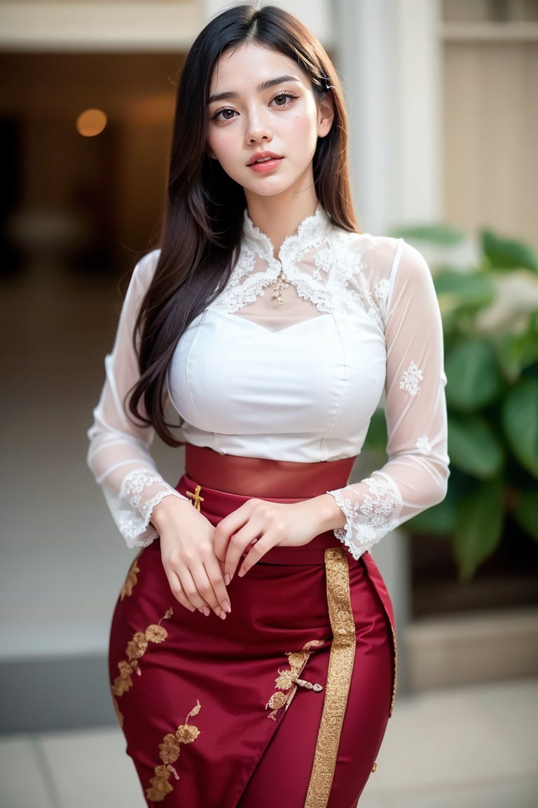 1gilr, solo, 20 yearl old girl, pretty face, professionally taken whole body portrait, cinematic lighting, pretty girl wearing mm_dress, white and maroon outfit, tall girl, detail cloth, long wavy hair, black hair, pattern long skirt, ,photorealistic,mm_dress, Young beauty spirit ,Best face ever in the world. (smile:1.1)