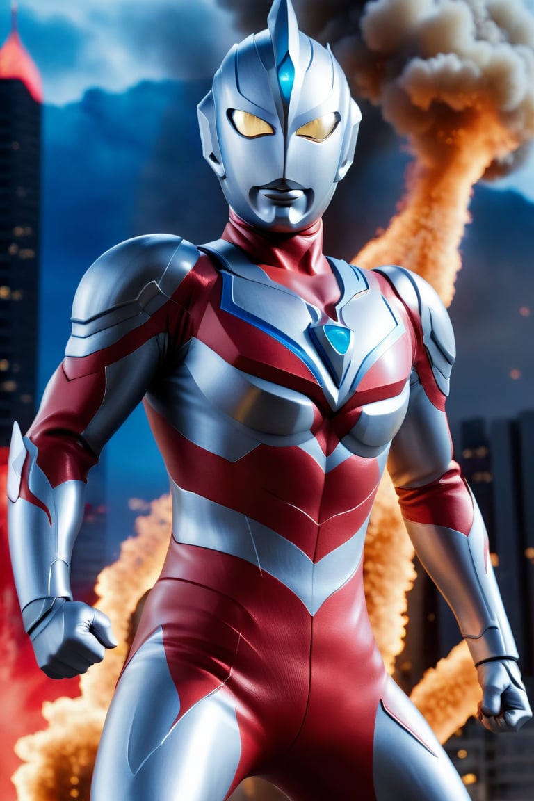 In a dynamic medium shot with a wide-angle lens, Ultraman stands tall in a fiery red and silver costume, gazing directly at the viewer (1.3) with an intense action pose. The Tokusatsu hero's eyes glow bright red as he summons his powerful energy. The background is a blurred cityscape, with flames and smoke erupting from the chaos below. Sharp focus on Ultraman's determined expression, highly detailed textures on his suit and the surrounding environment, and ultra-detailed 8K quality make this an unforgettable masterpiece, ultrast., ultrast