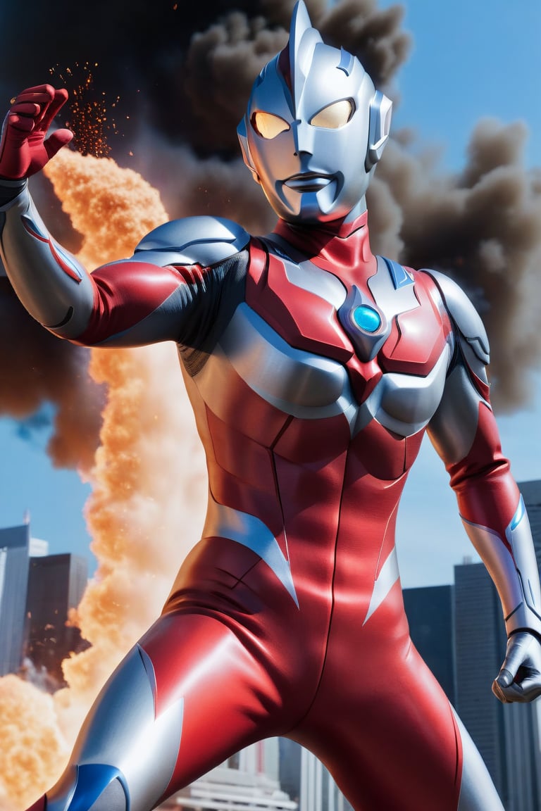 In a dynamic medium shot with a wide-angle lens, Ultraman stands tall in a fiery red and silver costume, gazing directly at the viewer (1.3) with an intense action pose. The Tokusatsu hero's eyes glow bright red as he summons his powerful energy. The background is a blurred cityscape, with flames and smoke erupting from the chaos below. Sharp focus on Ultraman's determined expression, highly detailed textures on his suit and the surrounding environment, and ultra-detailed 8K quality make this an unforgettable masterpiece, ultrast., ultrast