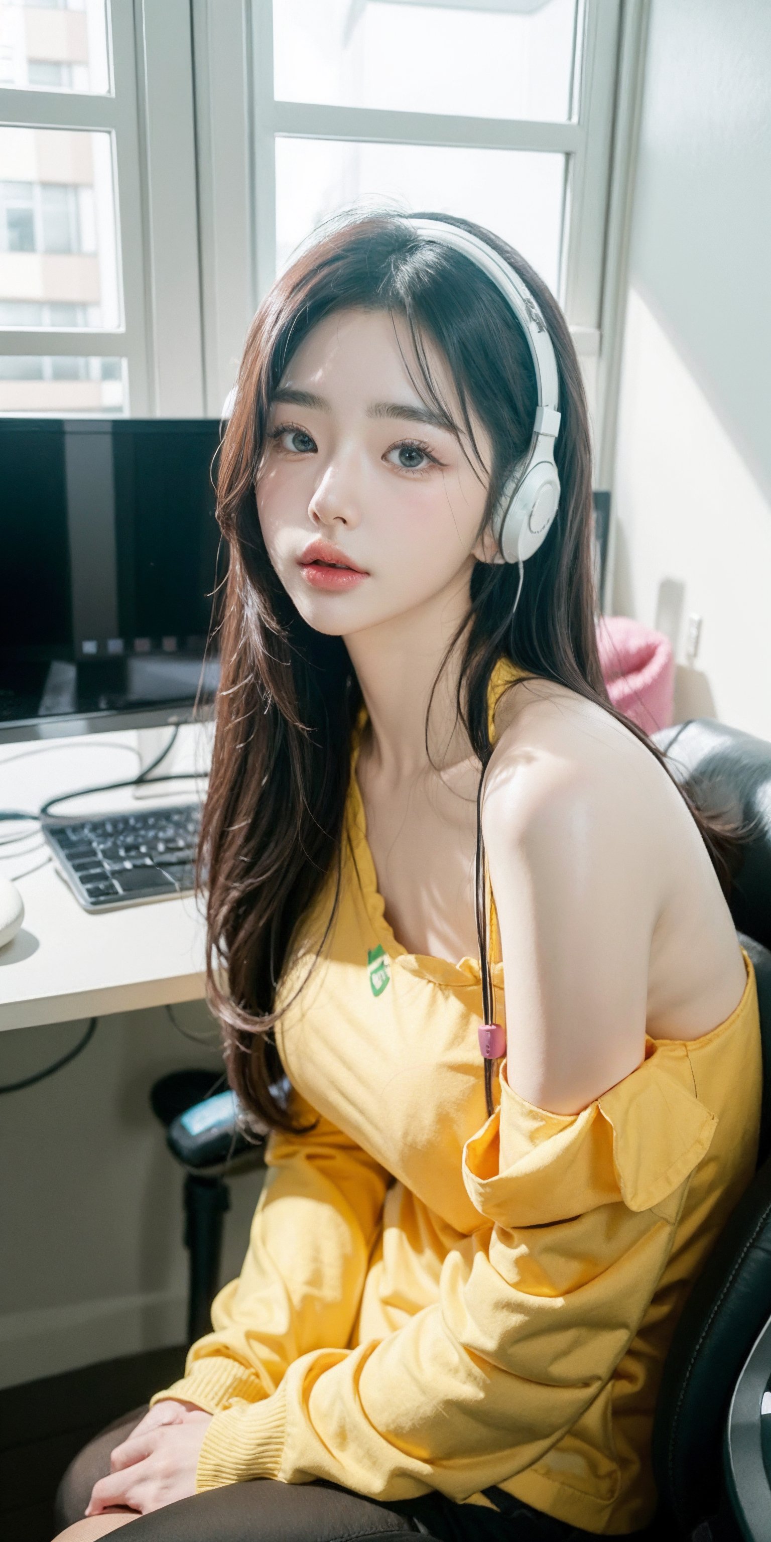 A beautiful Korean girl wearing a green shirt, wearing pinky gaming headphones, playing computer games, 28 years old, elegance,  one shoulder, sitting on an office chair, holding her cheek with one hand, black super long hair, clear hair, tired expression, Look at the lens lazily, super wide angle, backlighting, light and dark effects, realistic style,