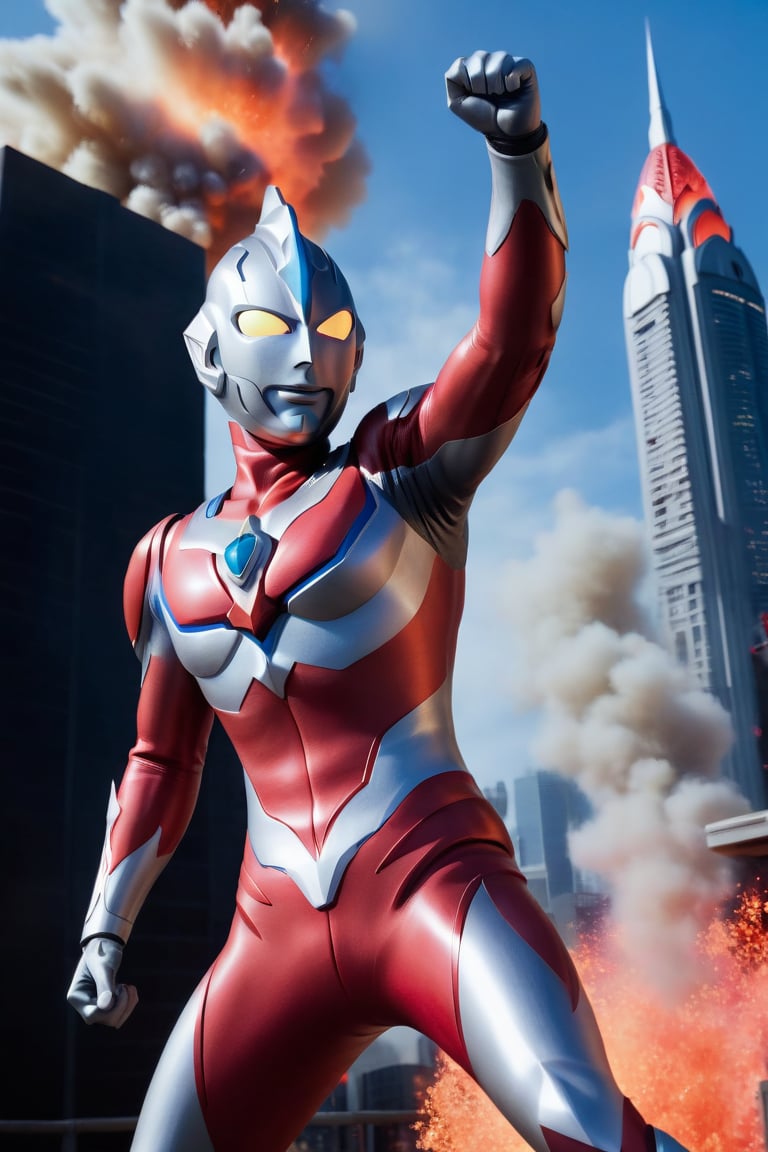 In a dynamic medium shot with a wide-angle lens, Ultraman stands tall in a fiery red and silver costume, gazing directly at the viewer (1.3) with an intense action pose. The Tokusatsu hero's eyes glow bright red as he summons his powerful energy. The background is a blurred cityscape, with flames and smoke erupting from the chaos below. Sharp focus on Ultraman's determined expression, highly detailed textures on his suit and the surrounding environment, and ultra-detailed 8K quality make this an unforgettable masterpiece, ultrast., ultrast