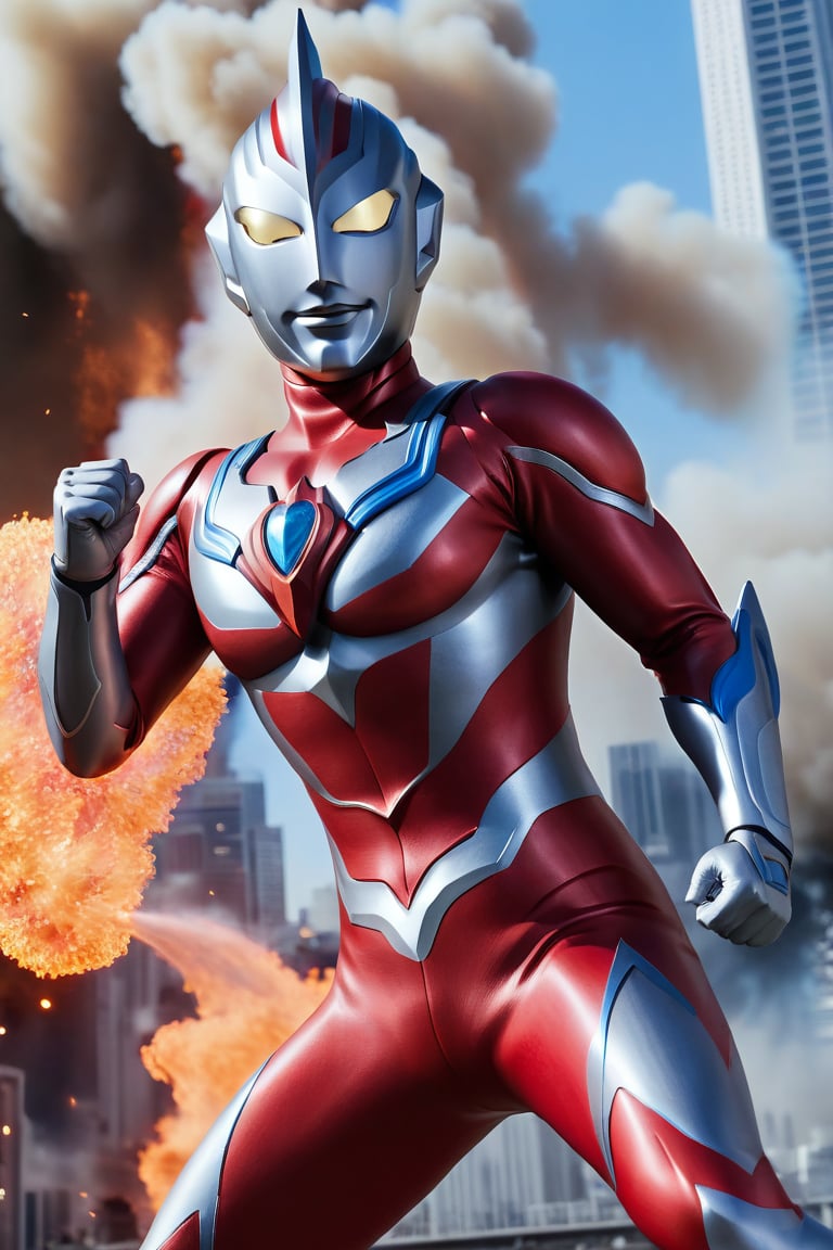 In a dynamic medium shot with a wide-angle lens, Ultraman stands tall in a fiery red and silver costume, gazing directly at the viewer (1.3) with an intense action pose. The Tokusatsu hero's eyes glow bright red as he summons his powerful energy. The background is a blurred cityscape, with flames and smoke erupting from the chaos below. Sharp focus on Ultraman's determined expression, highly detailed textures on his suit and the surrounding environment, and ultra-detailed 8K quality make this an unforgettable masterpiece, ultrast., ultrast