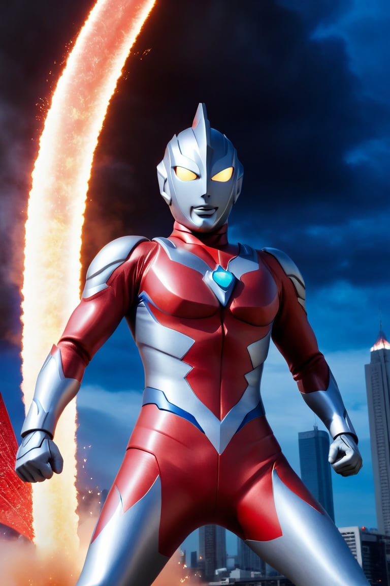 In a dynamic medium shot with a wide-angle lens, Ultraman stands tall in a fiery red and silver costume, gazing directly at the viewer (1.3) with an intense action pose. The Tokusatsu hero's eyes glow bright red as he summons his powerful energy. The background is a blurred cityscape, with flames and smoke erupting from the chaos below. Sharp focus on Ultraman's determined expression, highly detailed textures on his suit and the surrounding environment, and ultra-detailed 8K quality make this an unforgettable masterpiece, ultrast., ultrast