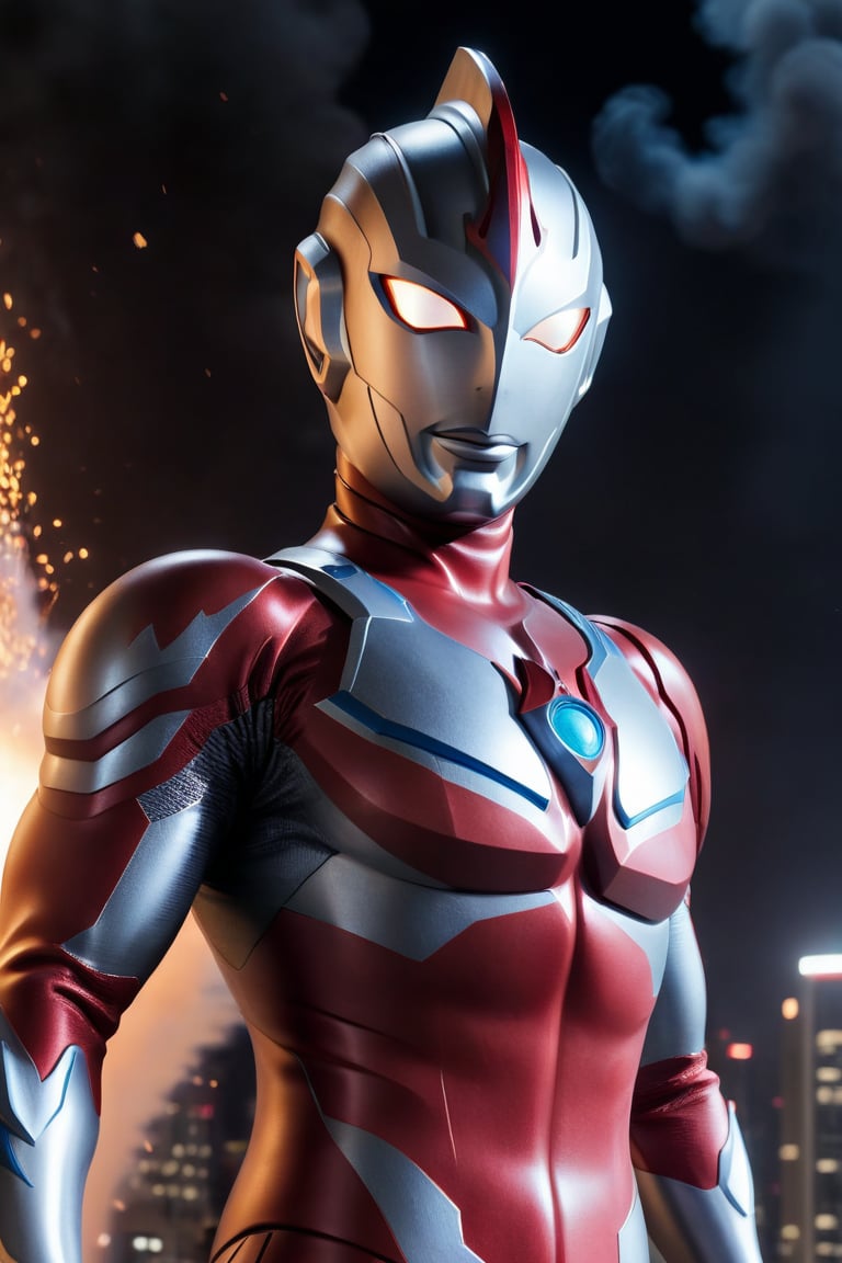 In a dynamic medium shot with a wide-angle lens, Ultraman stands tall in a fiery red and silver costume, gazing directly at the viewer (1.3) with an intense action pose. The Tokusatsu hero's eyes glow bright red as he summons his powerful energy. The background is a blurred cityscape, with flames and smoke erupting from the chaos below. Sharp focus on Ultraman's determined expression, highly detailed textures on his suit and the surrounding environment, and ultra-detailed 8K quality make this an unforgettable masterpiece, ultrast., ultrast