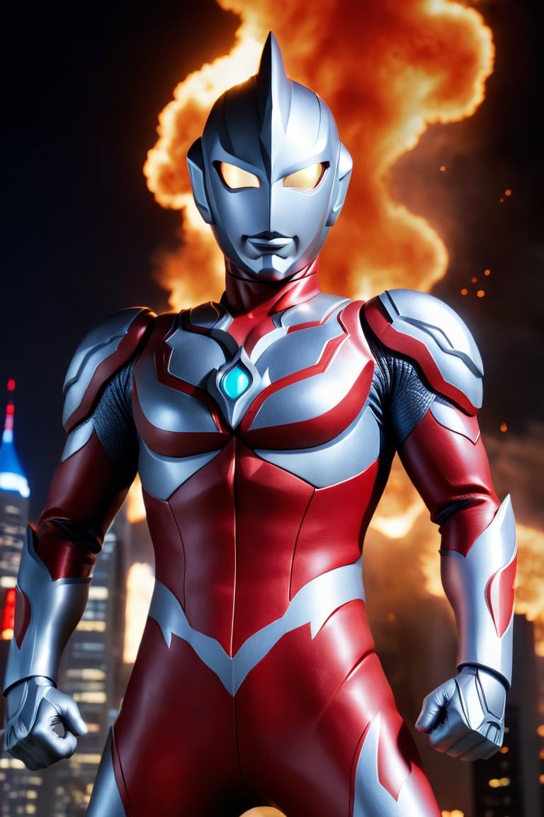 In a dynamic medium shot with a wide-angle lens, Ultraman stands tall in a fiery red and silver costume, gazing directly at the viewer (1.3) with an intense action pose. The Tokusatsu hero's eyes glow bright red as he summons his powerful energy. The background is a blurred cityscape, with flames and smoke erupting from the chaos below. Sharp focus on Ultraman's determined expression, highly detailed textures on his suit and the surrounding environment, and ultra-detailed 8K quality make this an unforgettable masterpiece, ultrast., ultrast