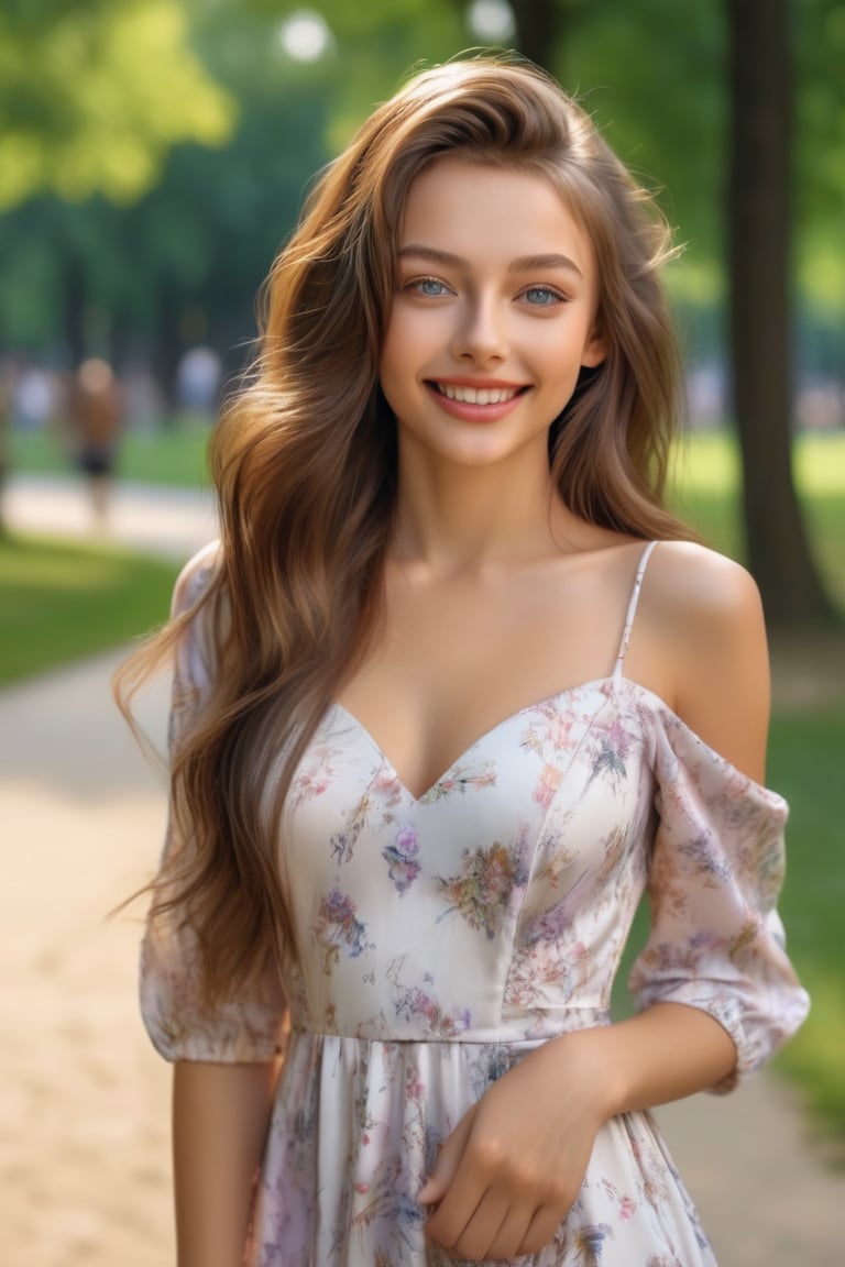 1 woman 26 year-old, random dress, long hair, amazing face and eyes, image hyperealism, (masterpiece, best quality, photorealistic, 8k raw photo), light smile, highest detailed,  in the park, random hairstyle ,Alenka