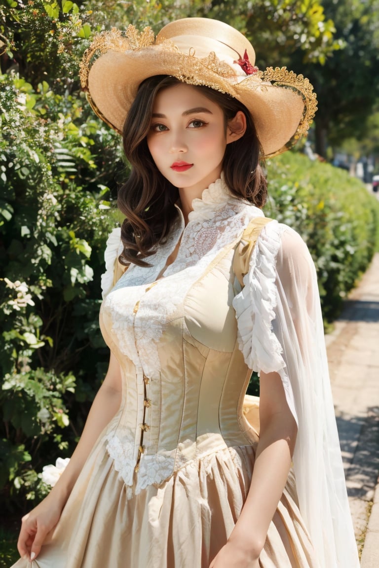 masterpiece, ((realistic, photo realistic)),  best quality,  ultra-detailed,  uhd,  4k,  portrait of a victorian era hungarian female,  xix century female,  looking at camera,  cowboy shot,  from front,  perfect eyes,  red lips,  pretty features,  extremely beautiful,  sexy,  attractive,  beautiful figure, Victorian Style red dress, big skirts, tight corsets, intricate details, outdoor, Victorian style street, ((full body:0.7)), ,Eliza01