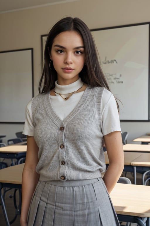 front on portrait of olivrod, looking at viewer, in classroom, hills, late afternoon, wearing a Sweater vest, Oxford Cotton blouse and Grey wool pleated skirt,closeup,olivrod