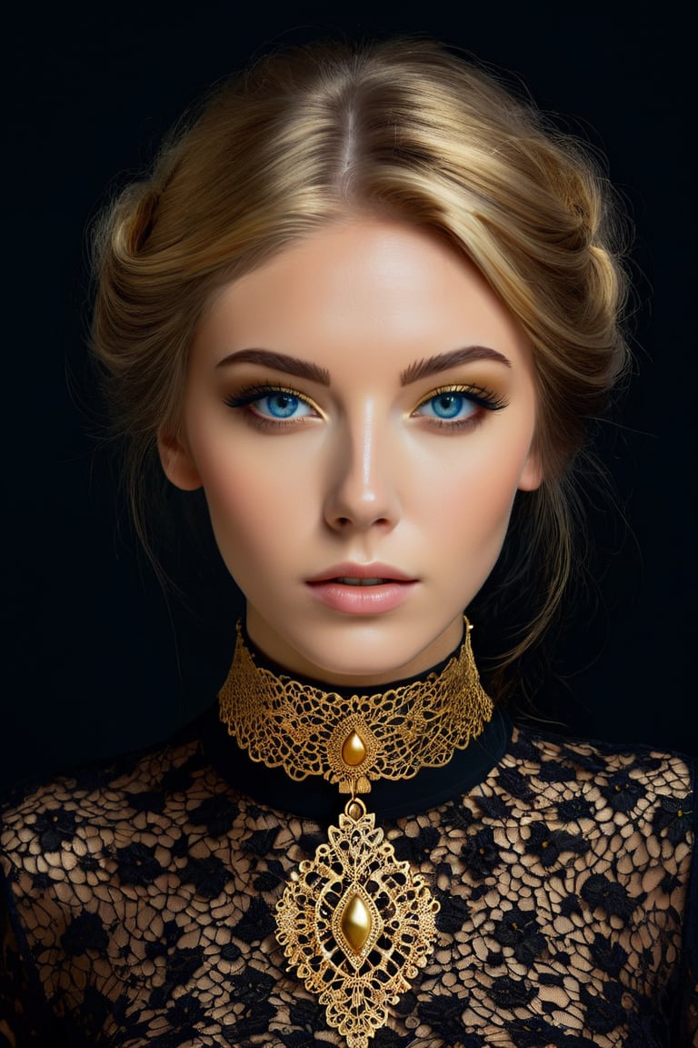 Surrealist art ohwx woman wearing a golden choker, lace black shirt, (blue eyes:0.5), simple background . Dreamlike, mysterious, provocative, symbolic, intricate, detailed,