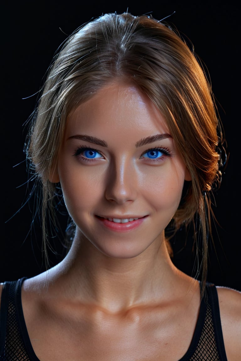 portrait of ohwx woman,  head and shoulders shot, (blue eyes:0.5), gentle smile,  tied hair,  a black mesh top,  black background,  global illumination,  high details,  UHD,  RAW,  HDR effect,  beautiful,  aesthetic,  perfect lighting,ohwx woman