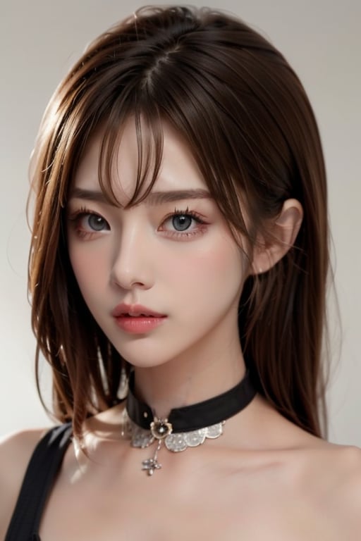 1girl
solo
brown hair
closed mouth
grey background
collar
lips
realistic ,beauty,yui,masterpiece,best quality,lily,mei,fiona 