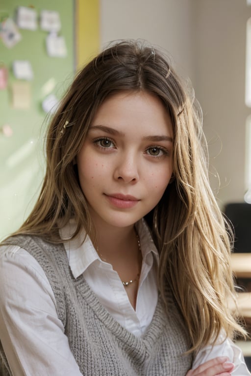 front on portrait of l1z0l, looking at viewer, in a classroom,late afternoon,wearing a Sweater vest, Oxford Cotton blouse and Grey wool pleated skirt,l1z0l,blonde yellow hair,closeup