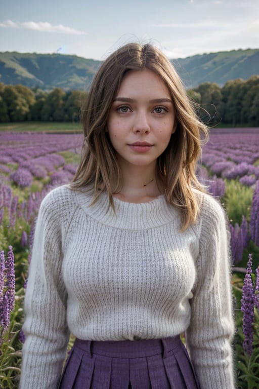 front on portrait of l1z0l, looking at viewer, in field of purple flowers, hills, late afternoon,wearing a Sweater vest, Oxford Cotton blouse and Grey wool pleated skirt,l1z0l,blonde yellow hair