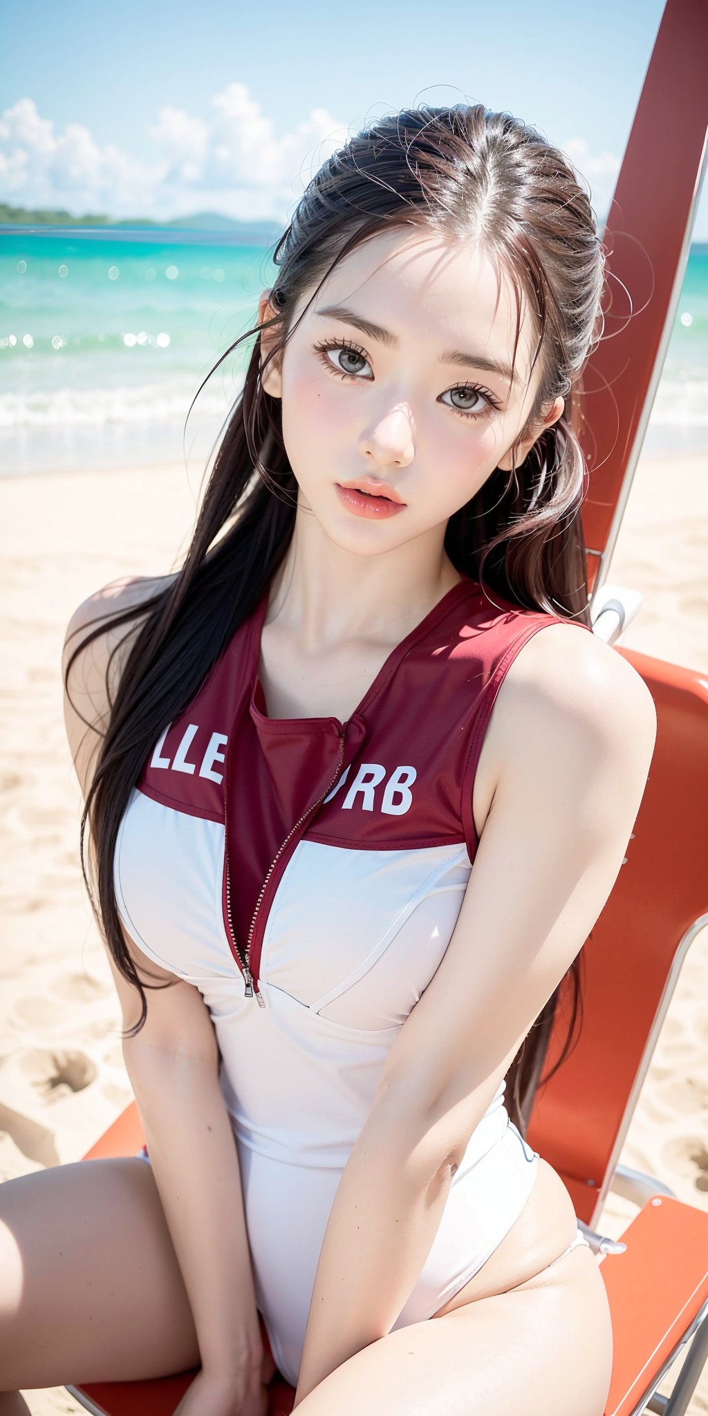 masterpiece, best quality, aesthetic, beautiful details, perfect focus, uniform 8K UHD wallpaper, high resolution, detailed texture, (perfect eyes, perfect anatomy, perfect face, perfectly drawn face, detailed face, detailed body):1.5, (A lifeguard girl, 24 years old, Korean girl, beauty, lifeguard outfit, lifeguard swimsuit,(( lifeguard jacket)), red_clothes, very_long_hair, high_ponytail):2.0, beach, scenery, (sitting on lifeguard chair, lifeguard_chair):2.5, "LIFEGUARD", 'RED CROSS' printed, lifeguard vests,