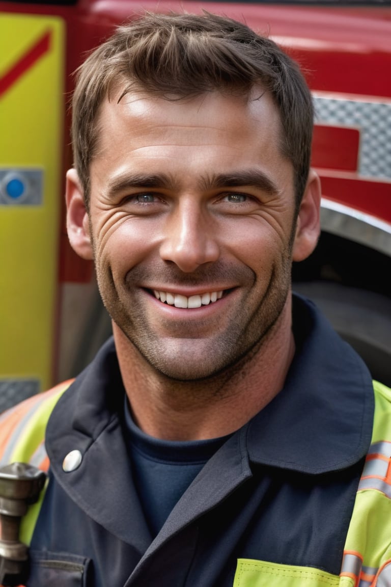 masterpiece,high definition,ultra realistic,portrait,one photorealistic handsome (hairy) man,Realism,(((man is wearing a fireman uniform))),,hairy,full body,face,smile