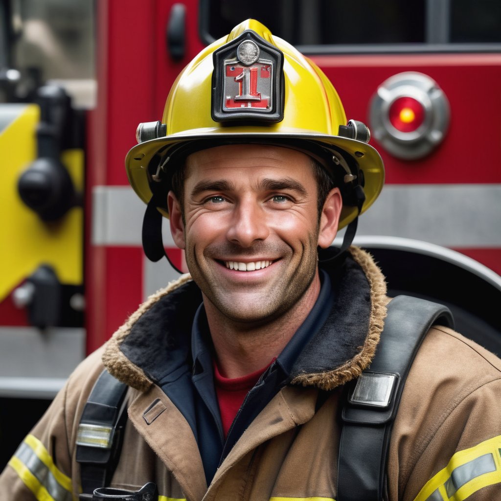 masterpiece,high definition,ultra realistic,portrait,one photorealistic handsome (hairy) man,Realism,(((man is wearing a fireman uniform))),,hairy,full body,face,smile