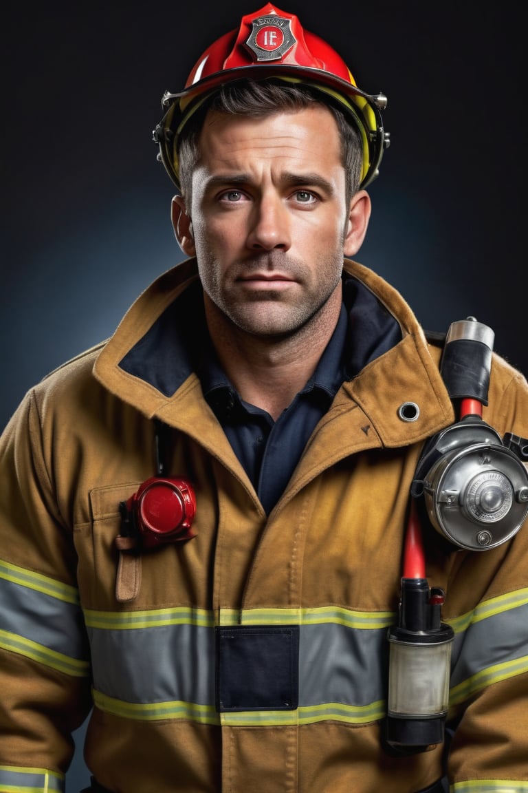 masterpiece,high definition,ultra realistic,portrait,one photorealistic handsome (hairy) man,Realism,(((man is wearing a fireman uniform))),,hairy,full body,face,