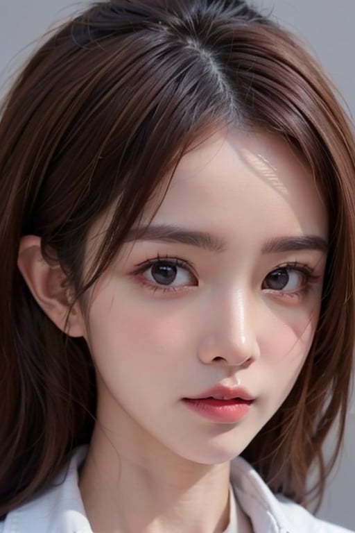 1girl
solo
brown hair
closed mouth
grey background
collar
lips
realistic ,beauty,yui,masterpiece,best quality,1 girl,,egg ,amber