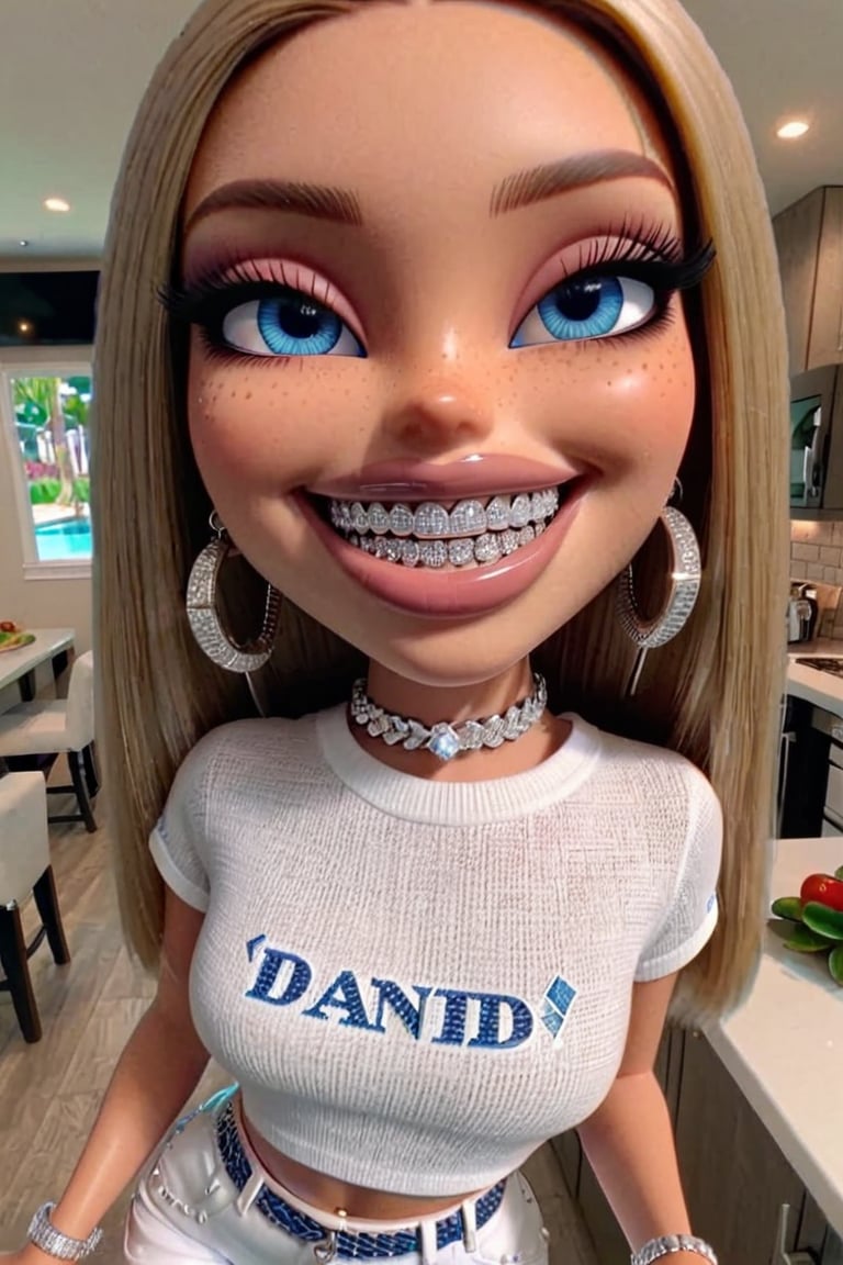 1girl, blue eyes, thick lips, smiling, Diamond earrings, short linen top, short skirt, 4k resolution, Diamond Grillz,  BRT2