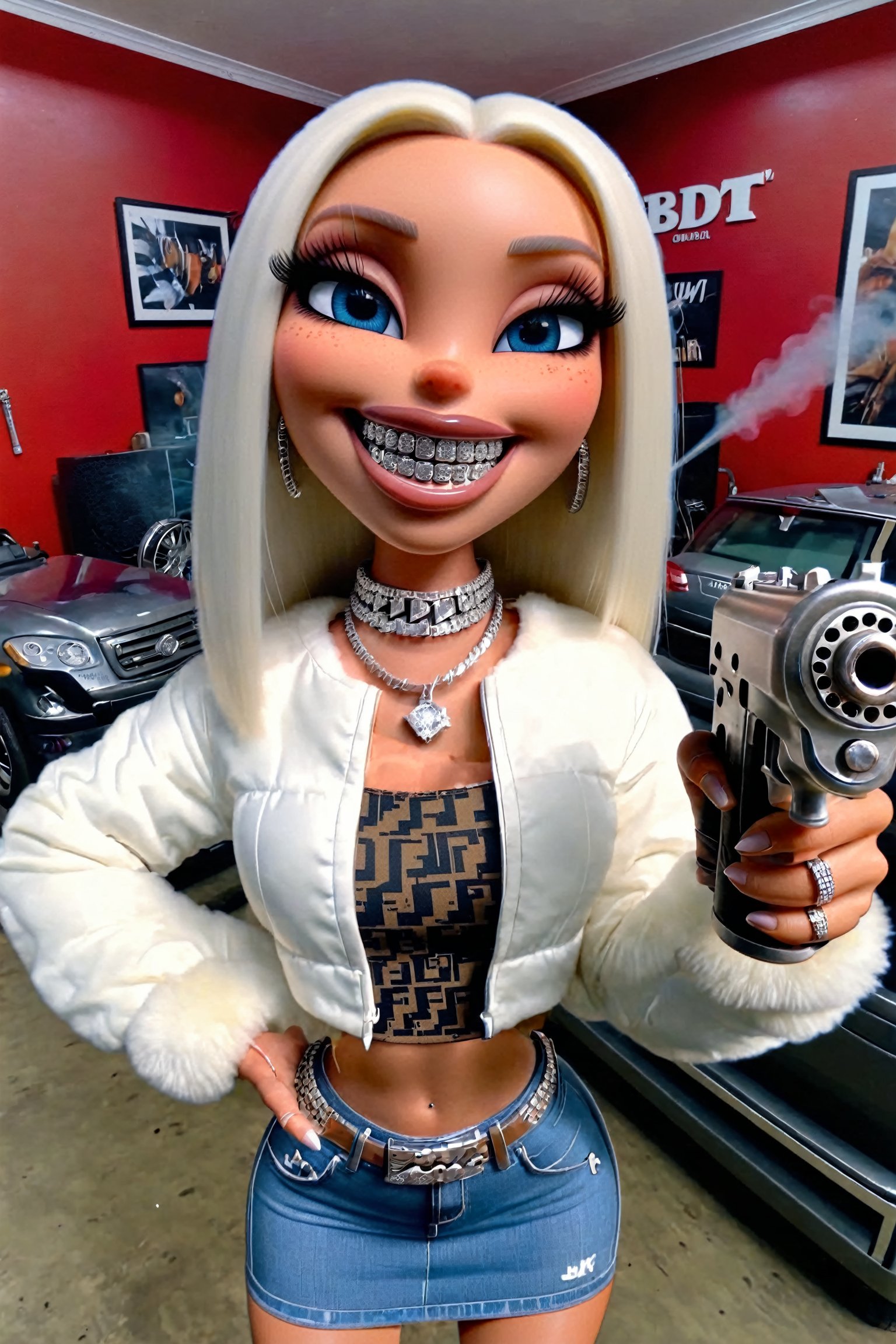 1girl, blue eyes, thick lips, smiling,furr jacket , short linen top, short skirt, welding a gun, 4k resolution, Diamond Grillz,BRT2,gunatyou