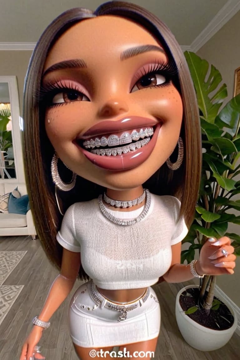 1girl, thick lips, smiling, Diamond earrings, short linen top, short skirt, 4k resolution, Diamond Grillz,  BRT2